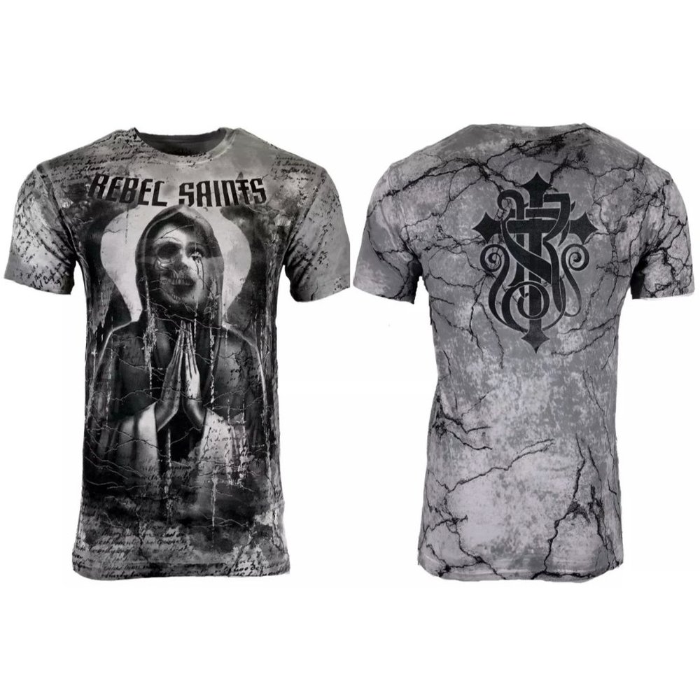 Rebel Saint By Affliction Men's T-shirt MOURNFUL Biker Skull Tattoo S-5XL